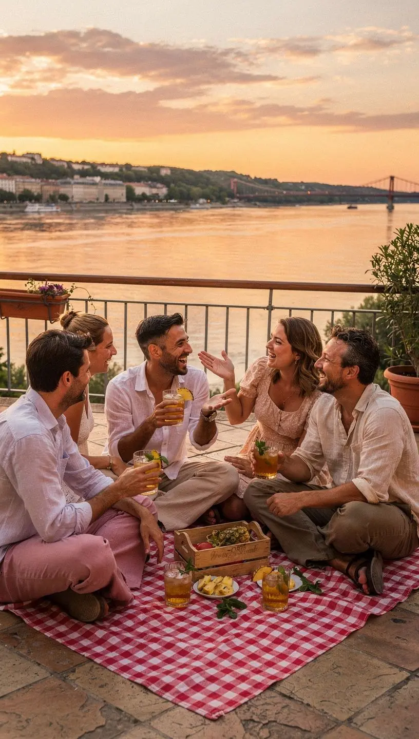 Pohár ananászos üdítő, virágokkal díszített asztalon.